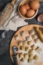 View of the preparation of homemade stuffed ravioli. Royalty Free Stock Photo