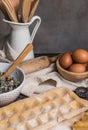 View of the preparation of homemade stuffed ravioli. Royalty Free Stock Photo