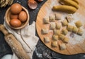 View of the preparation of homemade stuffed ravioli. Royalty Free Stock Photo