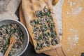 View of the preparation of homemade stuffed ravioli. Royalty Free Stock Photo