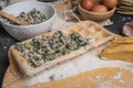 View of the preparation of homemade stuffed ravioli. Royalty Free Stock Photo