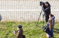 View of the press and media camera working on public coverage of open-air events for a reporter and mass communication