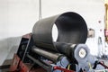 View of pressure vessel tank manufacture in factory. A welded steel pressure vessel constructed as a horizontal cylinder