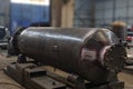 View of pressure vessel tank manufacture in factory. A welded steel pressure vessel constructed as a horizontal cylinder