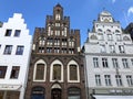 View of Pretty Hanseatic buildings details, Kropeliner Strasse, New Market, Rostock