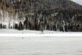 A view of a private jet taking off and people ski in the snow covered landscape in the alps switzerland in winter Royalty Free Stock Photo