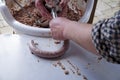 View of the production of sausages of pork to pig-sticking butcher