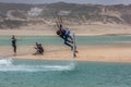 View of a professional sportsman practicing extreme sports Kiteboarding at the Obidos lagoon