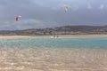 View of a professionals sports practicing extreme sports Kiteboarding at the Obidos lagoon