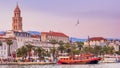 View of the promenade the Old Town of Split with the Palace of Diocletian and bell tower of the Cathedral of Saint Domnius, the Ad Royalty Free Stock Photo