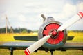 View on propeller on old russian airplane on green grass