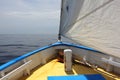 Traditional Caribbean Sloop, Sail and Prow view of Caribbean Ocean.