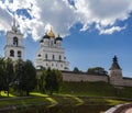 View of Pskov Kremlin with domes ofTrinity Cathedral, Bell Tower and Middle Tower against summer sky Royalty Free Stock Photo