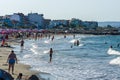 View of the public beach on the the seaside town of Pomorie on the Black Sea Bulgarian Black Sea Coast.