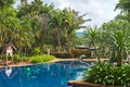 View of public beautiful swimming pool in tropical resort Royalty Free Stock Photo