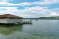 View of the public swimming pool and bath house on Lake Zurich in Rapperswil on a beautiful summer day