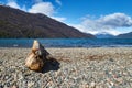 A view of the Puelo lake in Chubut, patagonia Argentina, on spring day. Beautiful landscape with snowy mountains and clouds on the