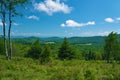 View of Puffy Clouds, Trees and a Mountain Meadow and the Blue Ridge Mountains Royalty Free Stock Photo