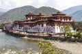 View at Punakha Dzong monastery and the landscape with the Mo Chhu river, Bhutan