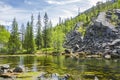 View of The Pyha-Luosto National Park in summer, rocks, stones, trees and natural pond