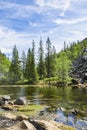 View of The Pyha-Luosto National Park in summer, rocks, stones, trees and natural pond