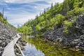 View of The Pyha-Luosto National Park in summer, rocks, stones, trees, wooden walkway and natural pond