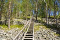 View of The Pyha-Luosto National Park in summer, wooden stairway, trees and rocks