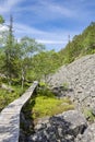 View of The Pyha-Luosto National Park in summer, wooden walkway, trees and rocks