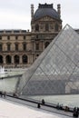 View of pyramid at courtyard of Louvre Museum