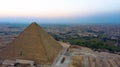 View of the pyramid of King Khufu, Giza pyramids landscape. historical egypt pyramids shot by drone.