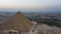 View of the pyramid of King Khufu, Giza pyramids landscape. historical egypt pyramids shot by drone.
