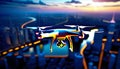 view of a quadcopter flying over the city on a journey to adventure and freedom