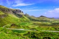 View of Quiraing mountains and the road, Scottish highlands Royalty Free Stock Photo