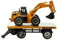 View of R/C model excavator and trailer on a white background. Free time Children and adults concept Royalty Free Stock Photo