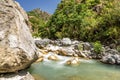 View of the Raganello River below il Ponte del diavolo pathway in Civita Royalty Free Stock Photo