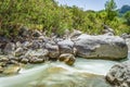 View of the Raganello River below il Ponte del diavolo pathway in Civita Royalty Free Stock Photo