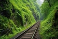 view of rail tracks tunneling through a verdant mountain