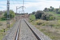View of railroad rails with rails and catenary Royalty Free Stock Photo