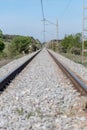 View of railroad rails with rails and catenary Royalty Free Stock Photo