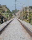 View of railroad rails with rails and catenary Royalty Free Stock Photo