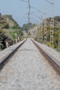 View of railroad rails with rails and catenary Royalty Free Stock Photo