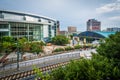 View of railroad tracks and buildings in Uptown Charlotte, North