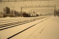 View on railroad tracks on winter. Retro style Royalty Free Stock Photo