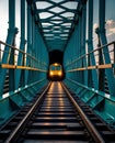 a railway bridge framed by its steel structure Royalty Free Stock Photo