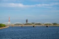 View of railway bridge over Daugava river and Riga Radio and Television Tower. Riga, Latvia Royalty Free Stock Photo