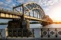 View of the railway bridge of Riga at sunset.