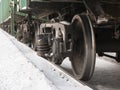 View on railway freight car bogie with wheel set, axle, bogie frame, springs, axle box Royalty Free Stock Photo