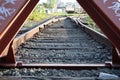 View of a railway track situated between two red posts Royalty Free Stock Photo