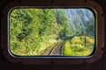 A view of the railway tracks through the train window. Horizontal frame Royalty Free Stock Photo