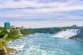 View at the Rainbow International bridge over Niagara river with American falls and Bridal Veil falls at USA territory.